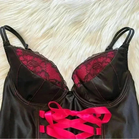 Cacique Corset Top Black Satin Neon Pink with Front Ribbon 14/16 - Picture 3 of 9